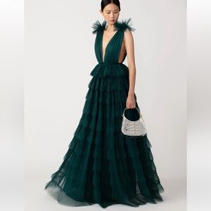 NWT SAU LEE Sabrina Tulle Ruffle Gown in Emerald Size 10